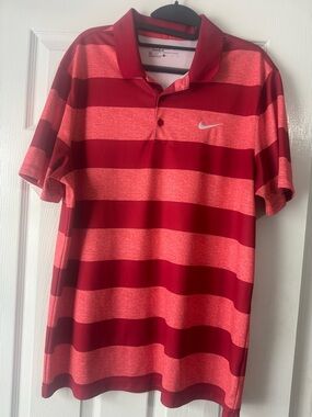 Nike Men’s Red and Light Red Striped Performance Polo